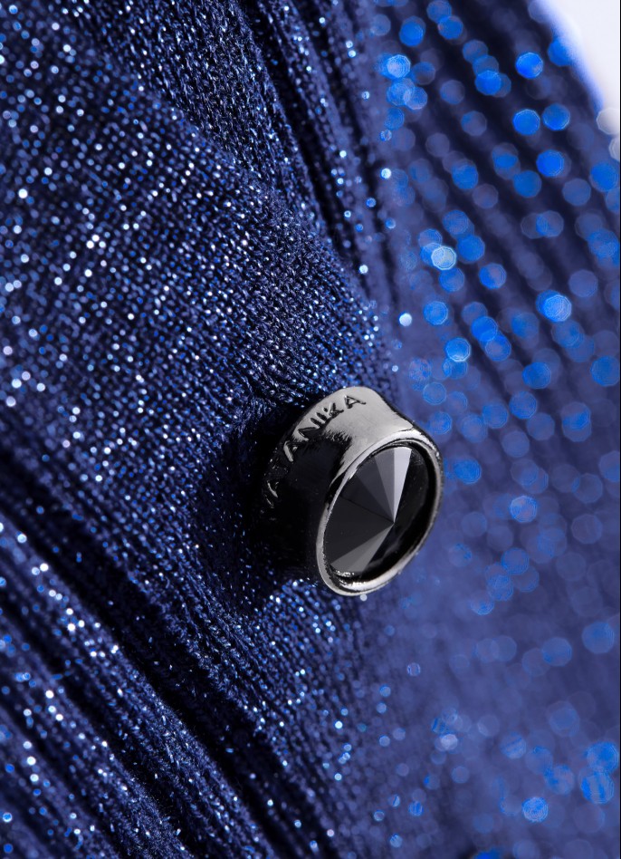 RIBBED KNIT SHORT-SLEEVE SHIRT DRESS WITH DIAMANTÉ BUTTONS - METALLIC BLUE